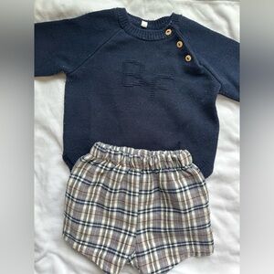 Cozy Navy Sweater with Plaid Shorts